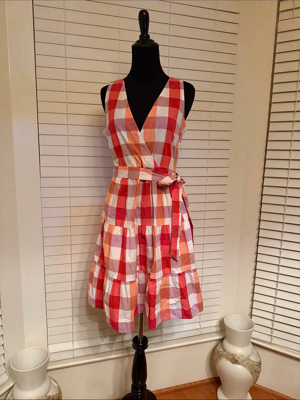 J. Crew Red and Pink Gingham Tie-Waist Midi Dress Size 4